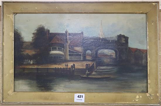 19th century English School, oil on board, Boathouse with cathedral beyond, 32 x 53cm